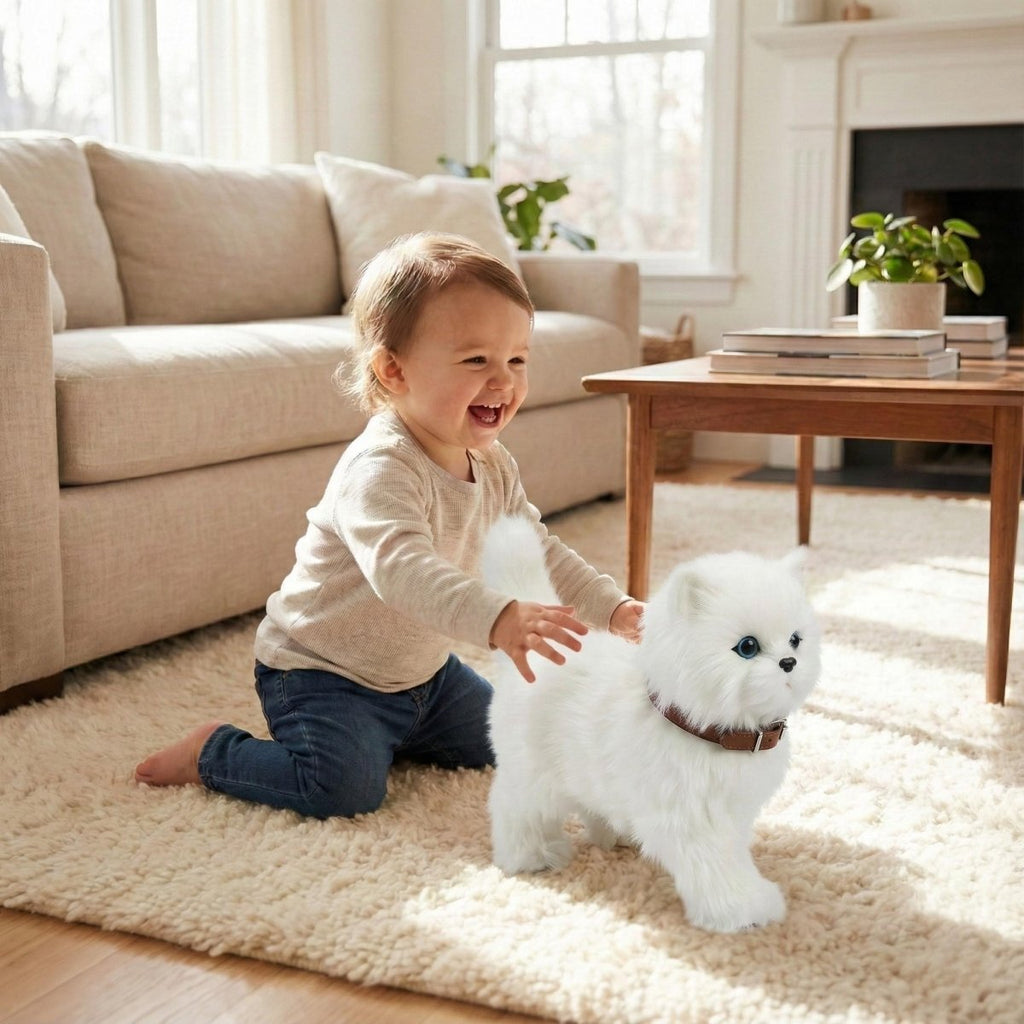 Interactive Realistic White Persian Robot Kitten Toy – Walks, Meows, and Wags Its Tail