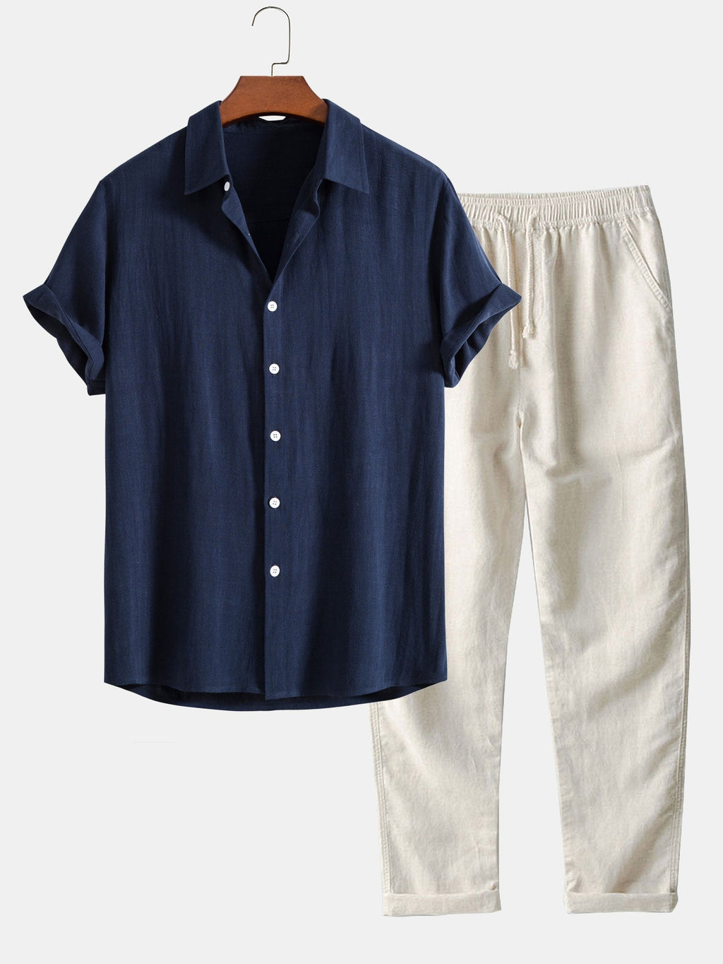 Men’s Linen-Style Outfit Set for Summer – Matching Shirt and Shorts Set for Holidays and Casual Wear
