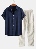Men’s Linen-Style Outfit Set for Summer – Matching Shirt and Shorts Set for Holidays and Casual Wear