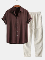 Men’s Linen-Style Outfit Set for Summer – Matching Shirt and Shorts Set for Holidays and Casual Wear