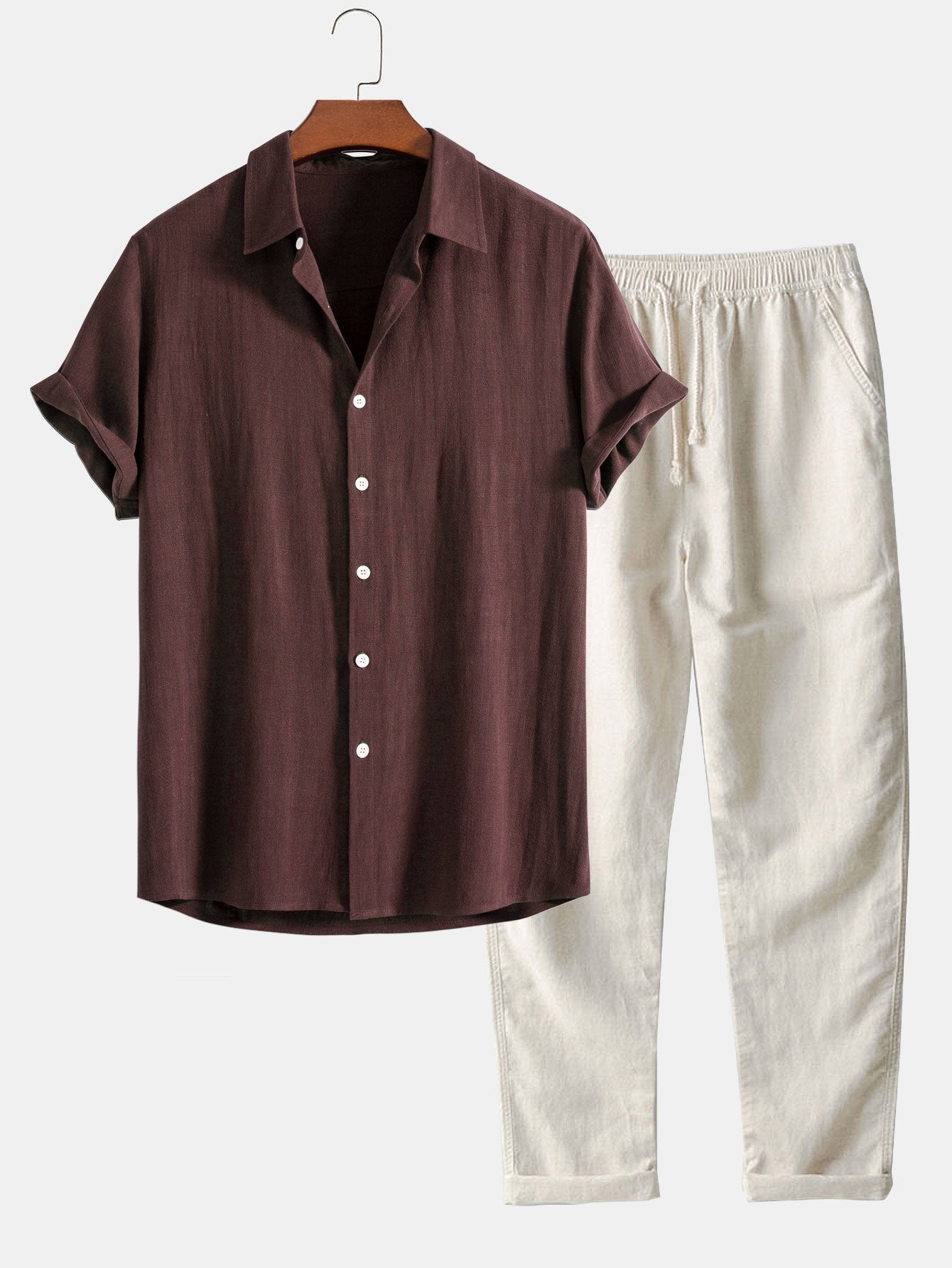 Men’s Linen-Style Outfit Set for Summer – Matching Shirt and Shorts Set for Holidays and Casual Wear