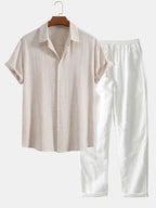 Men’s Linen-Style Outfit Set for Summer – Matching Shirt and Shorts Set for Holidays and Casual Wear