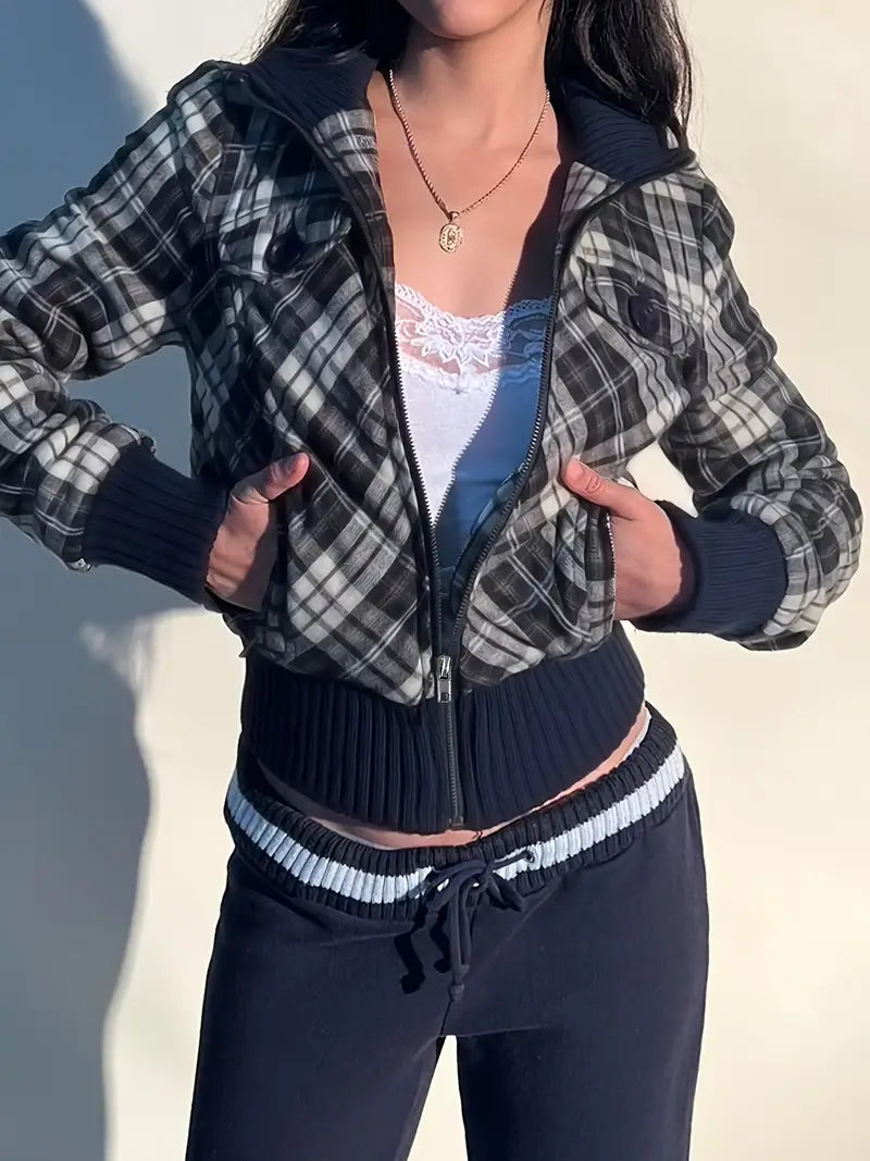 Plaid Cropped Jacket for Women – Stylish Layering Jacket for Casual Wear, Work and Everyday Outfits