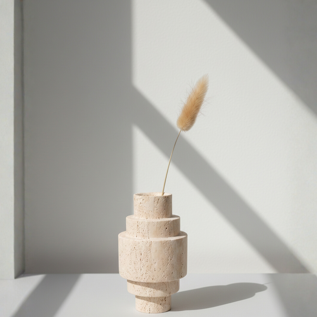 Geometric Modern Design Beige Travertine Floor Vase