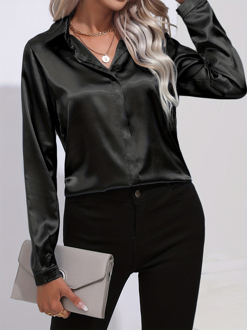 Elegant Satin Finish Long Sleeve Blouse for Women – Stylish Top for Work, Evenings and Smart Casual Outfits