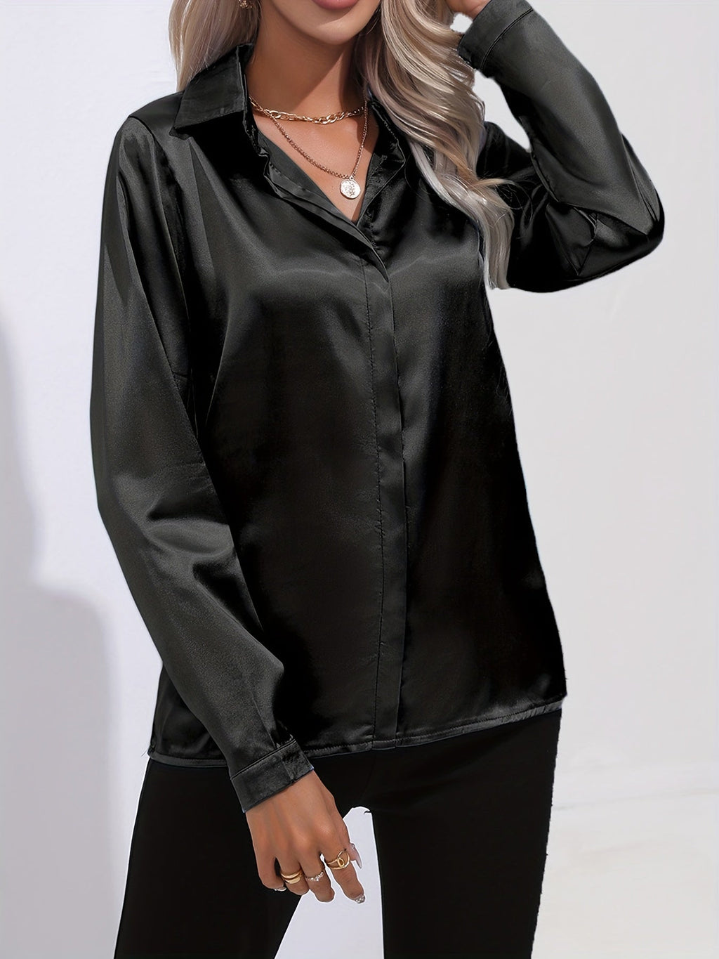Elegant Satin Finish Long Sleeve Blouse for Women – Stylish Top for Work, Evenings and Smart Casual Outfits