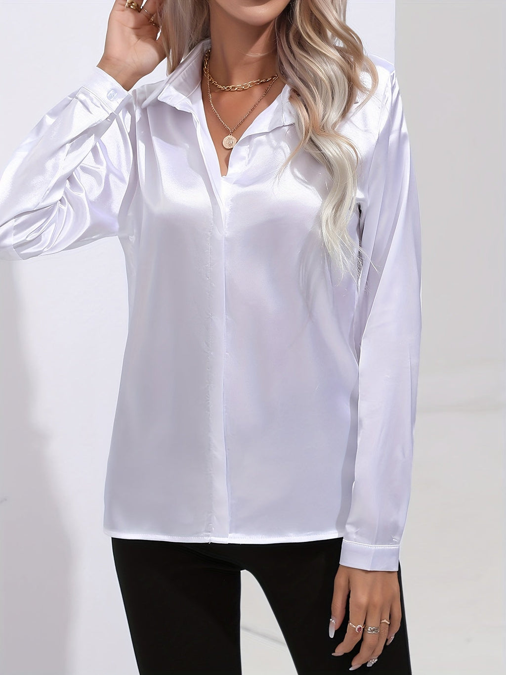 Elegant Satin Finish Long Sleeve Blouse for Women – Stylish Top for Work, Evenings and Smart Casual Outfits