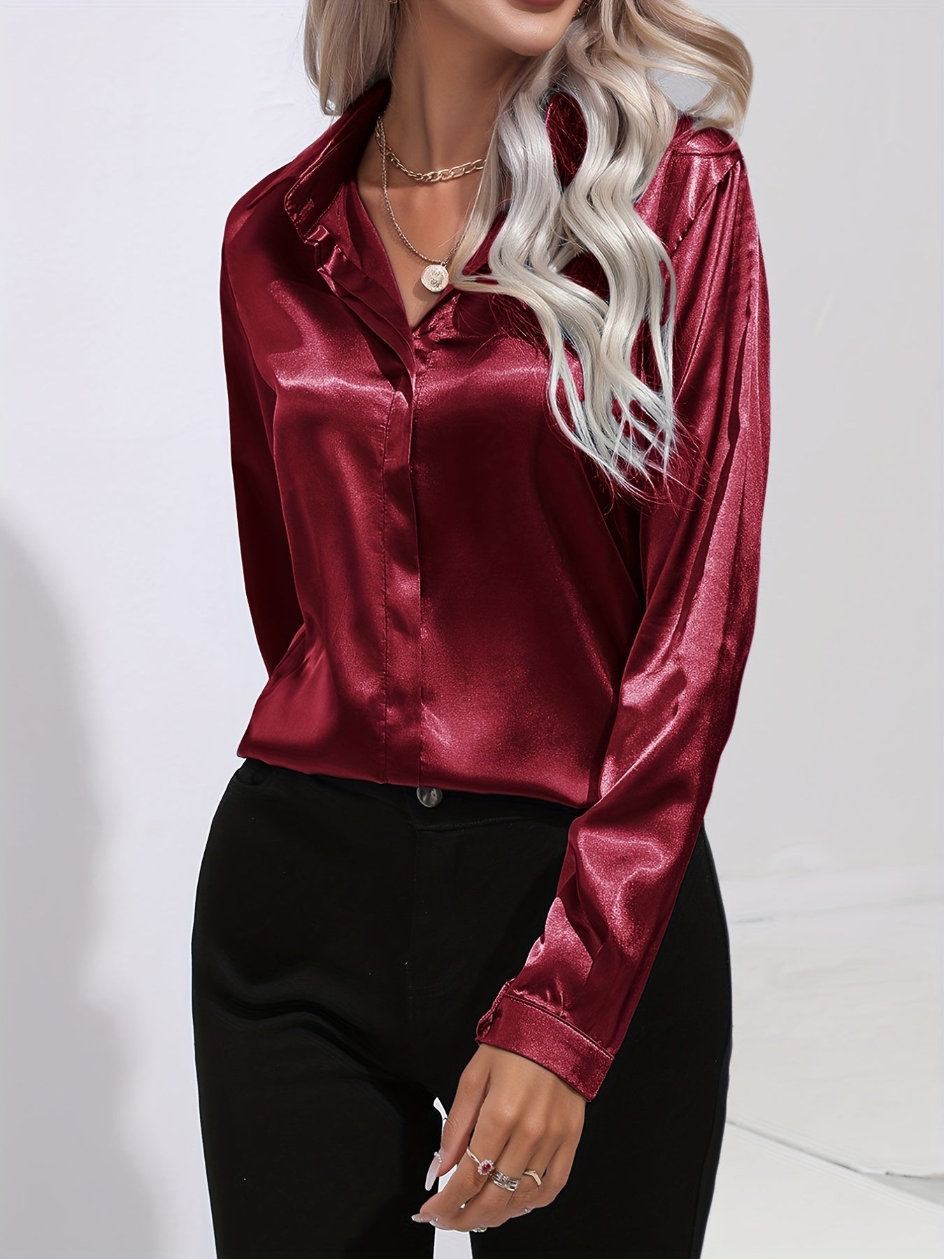 Elegant Satin Finish Long Sleeve Blouse for Women – Stylish Top for Work, Evenings and Smart Casual Outfits