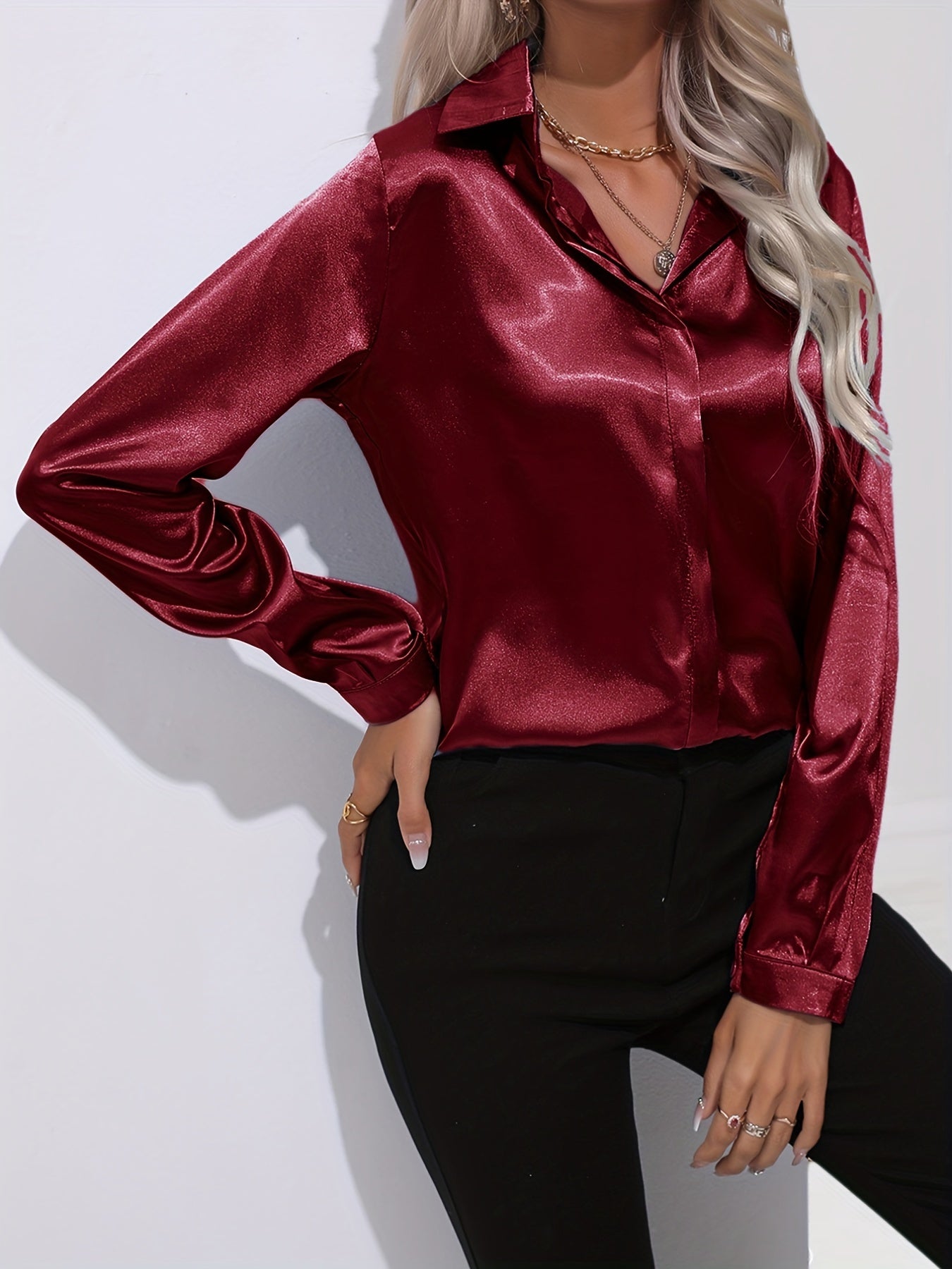Elegant Satin Finish Long Sleeve Blouse for Women – Stylish Top for Work, Evenings and Smart Casual Outfits