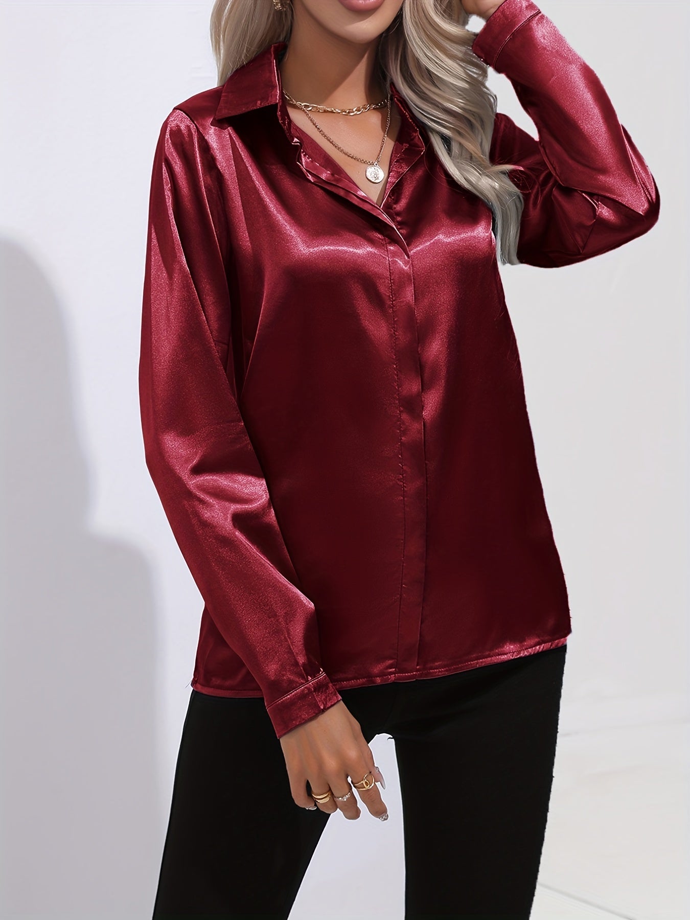 Elegant Satin Finish Long Sleeve Blouse for Women – Stylish Top for Work, Evenings and Smart Casual Outfits