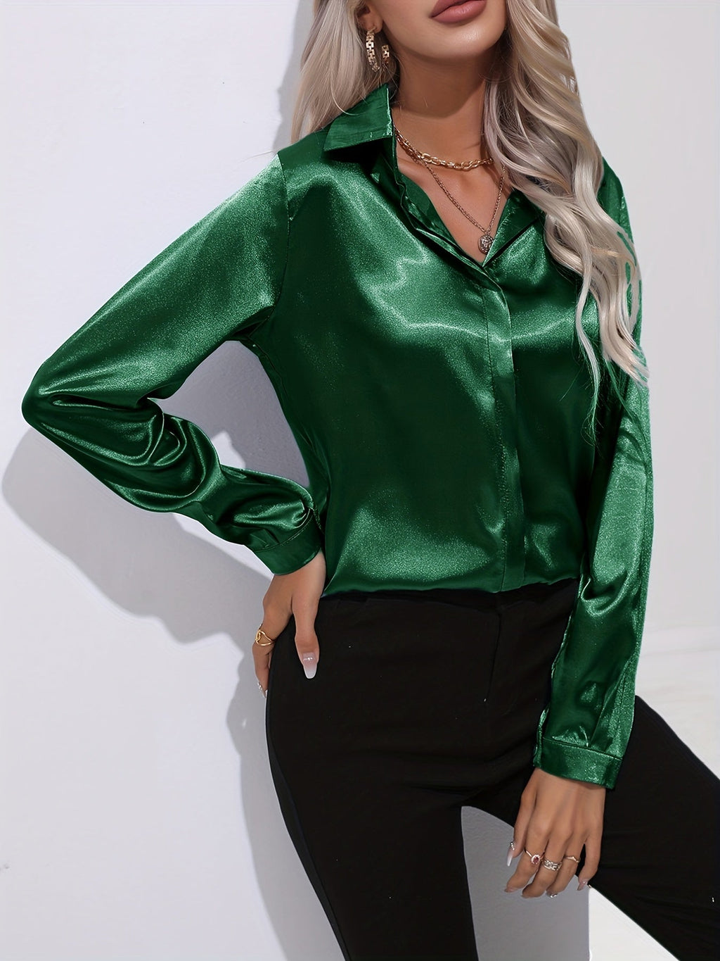 Elegant Satin Finish Long Sleeve Blouse for Women – Stylish Top for Work, Evenings and Smart Casual Outfits
