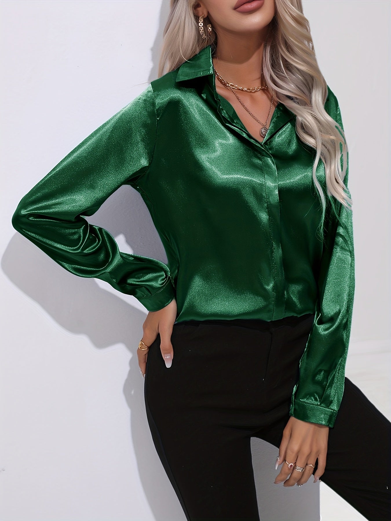 Elegant Satin Finish Long Sleeve Blouse for Women – Stylish Top for Work, Evenings and Smart Casual Outfits