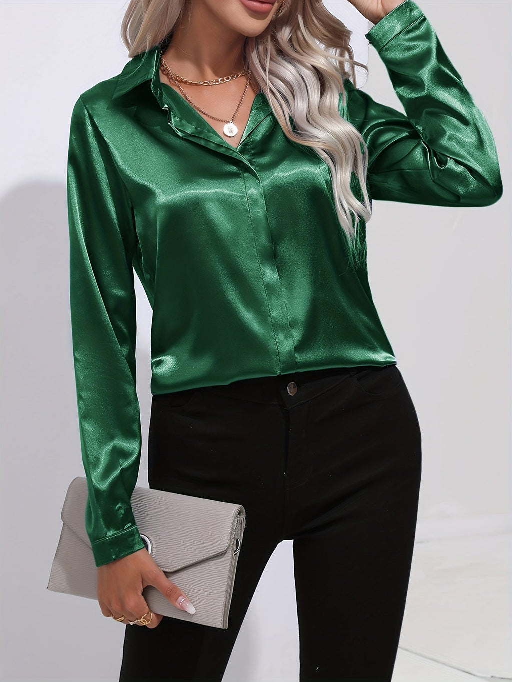 Elegant Satin Finish Long Sleeve Blouse for Women – Stylish Top for Work, Evenings and Smart Casual Outfits