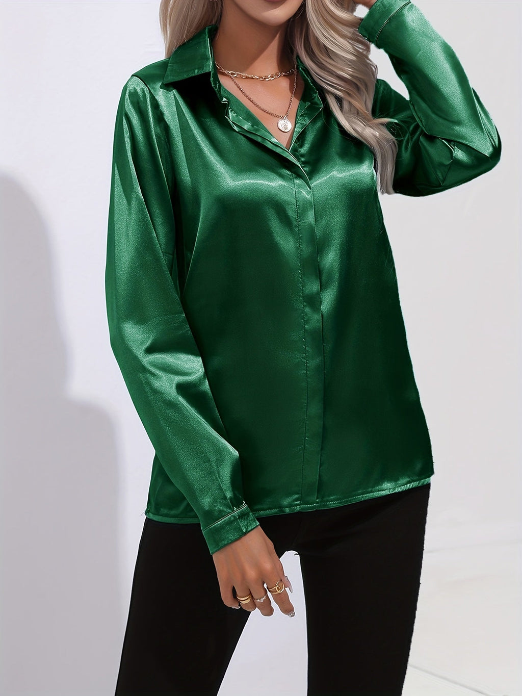 Elegant Satin Finish Long Sleeve Blouse for Women – Stylish Top for Work, Evenings and Smart Casual Outfits