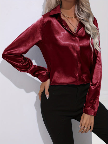 Elegant Satin Finish Long Sleeve Blouse for Women – Stylish Top for Work, Evenings and Smart Casual Outfits