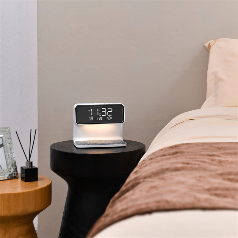 3-in-1 Bedside Lamp with Wireless Charging – Dimmable Touch Control & Integrated Alarm Display