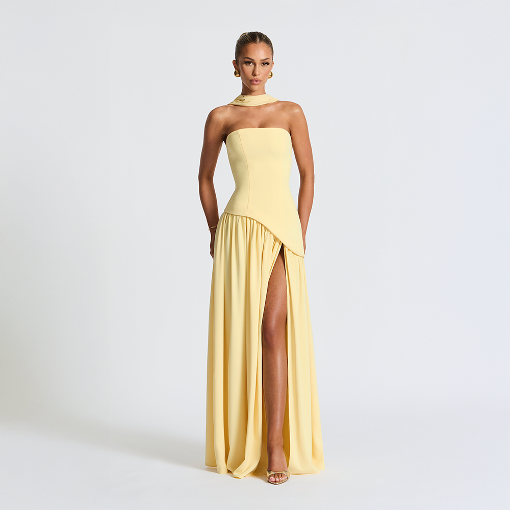 Strapless Asymmetrical Long Dress with High Slit for Women – Elegant Evening Dress for Parties, Events and Special Occasions