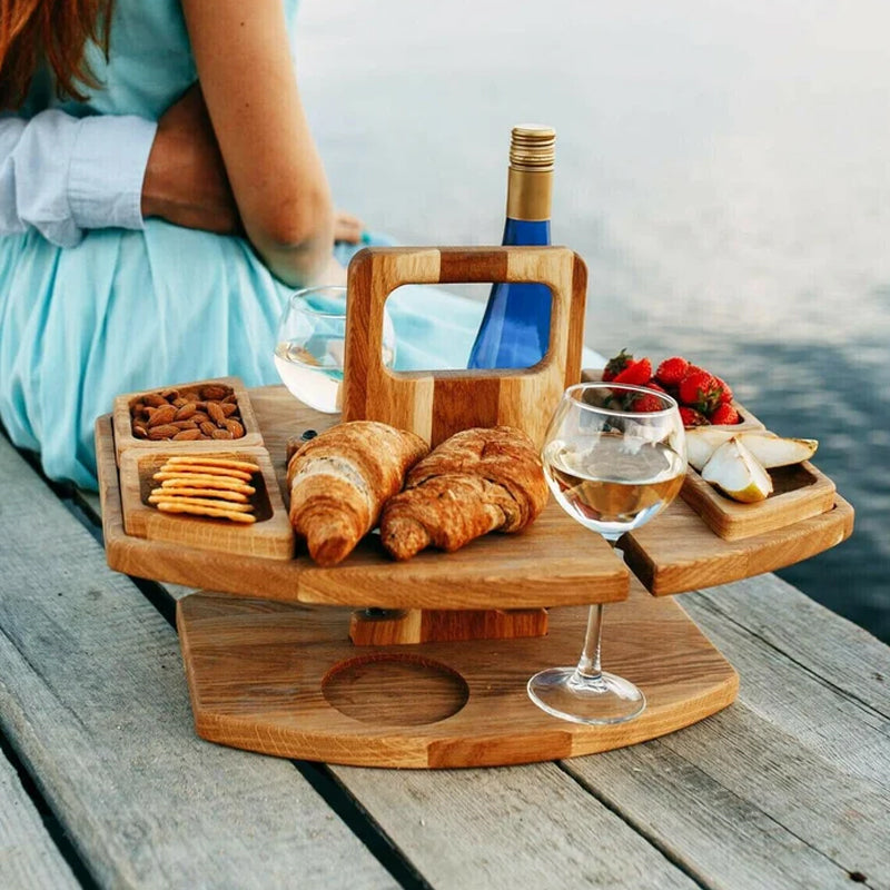 Portable Wooden Picnic Wine Table – Foldable Outdoor Serving Table with Glass & Bottle Holders | Compact Picnic Accessory for Beach, Park & Garden
