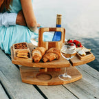 Portable Wooden Picnic Wine Table – Foldable Outdoor Serving Table with Glass & Bottle Holders | Compact Picnic Accessory for Beach, Park & Garden