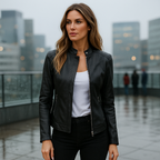 Women's Hip-Length Slim Fit Jacket with Mao Collar and Zip Closure