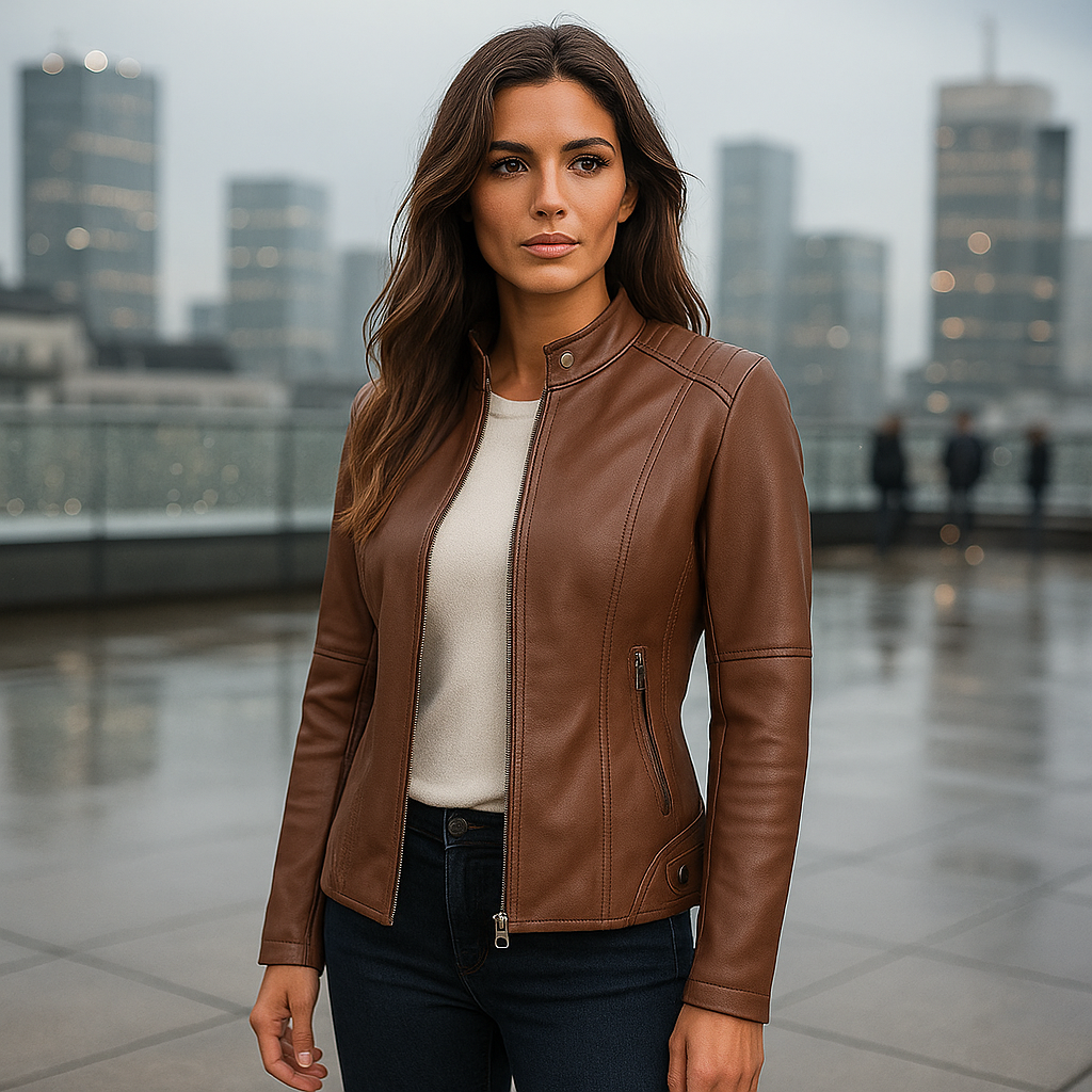 Women's Hip-Length Slim Fit Jacket with Mao Collar and Zip Closure