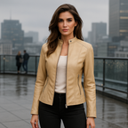Women's Hip-Length Slim Fit Jacket with Mao Collar and Zip Closure