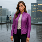 Women's Hip-Length Slim Fit Jacket with Mao Collar and Zip Closure