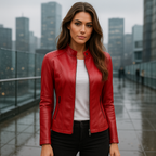 Women's Hip-Length Slim Fit Jacket with Mao Collar and Zip Closure