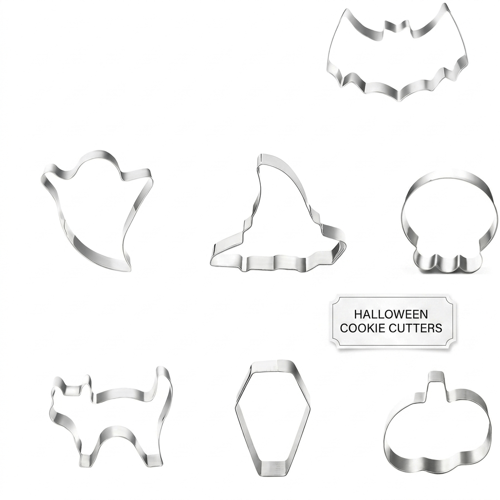 Halloween Stainless Steel Cookie Cutters Set with 7 Shapes Including Bat Ghost Pumpkin Skull