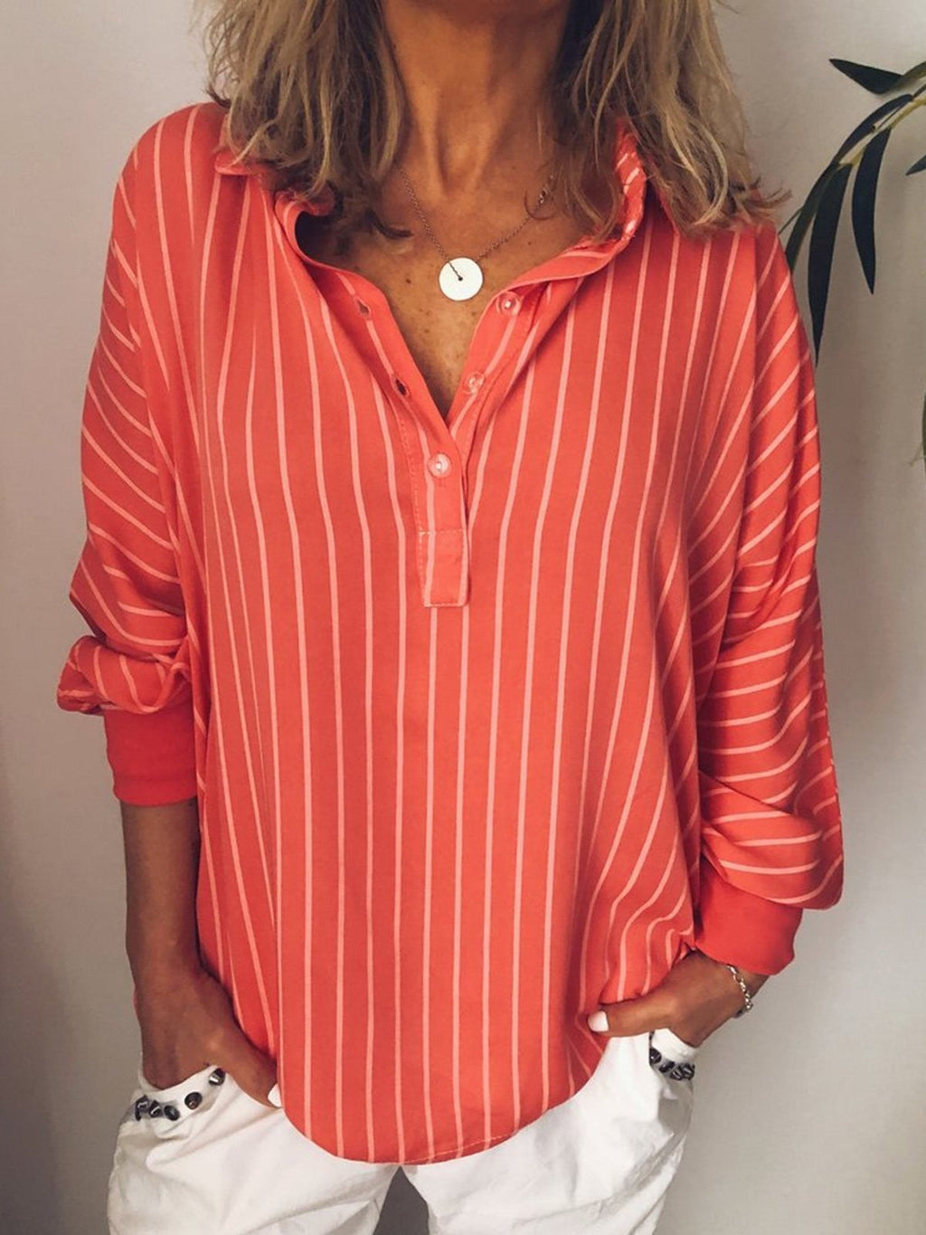 Striped Long-Sleeve Blouse with Half Button Closure – Casual Women’s Top for Work, Everyday Wear and Layered Outfits