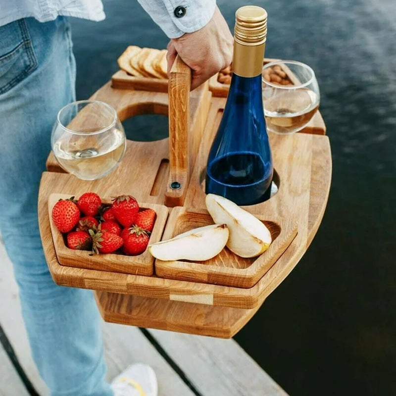 Portable Wooden Picnic Wine Table – Foldable Outdoor Serving Table with Glass & Bottle Holders | Compact Picnic Accessory for Beach, Park & Garden