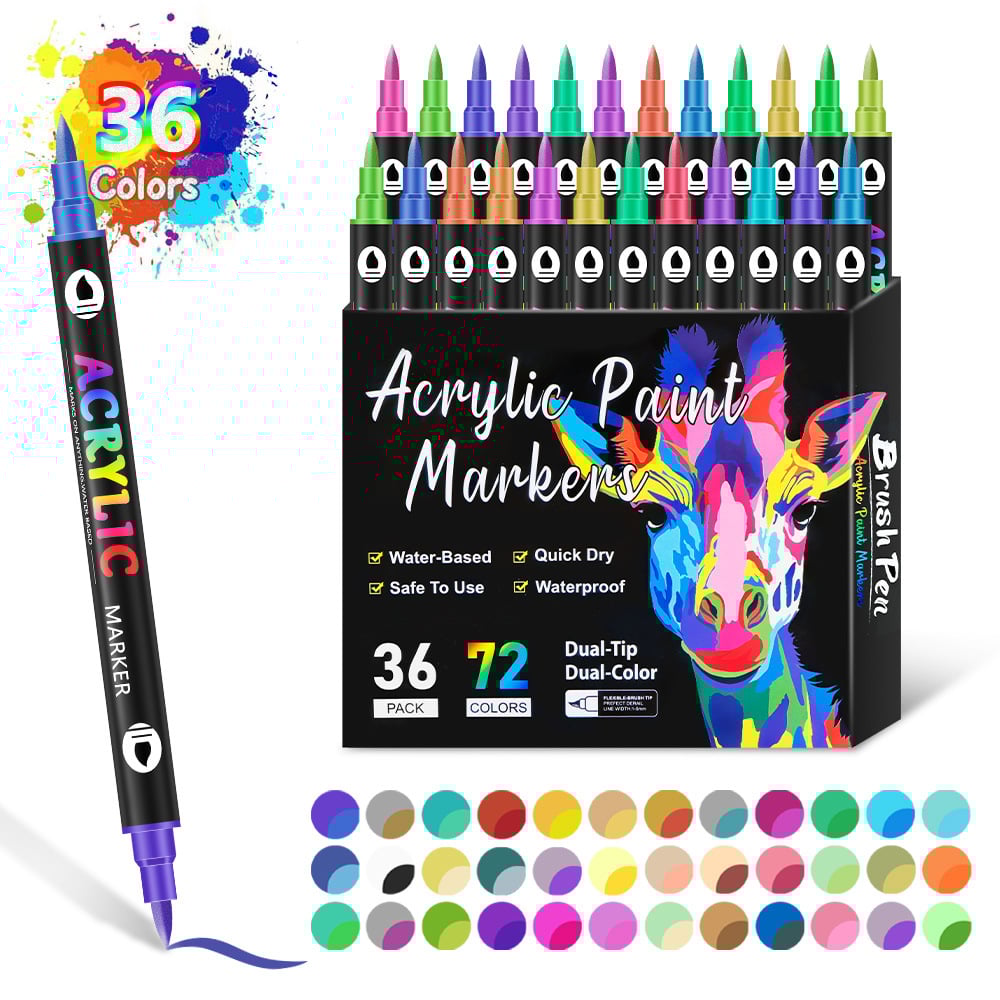 Double-Sided Acrylic Marker Set – 36 Markers, 72 Colours, Fine & Broad Tips, Quick-Dry & Smudge-Free