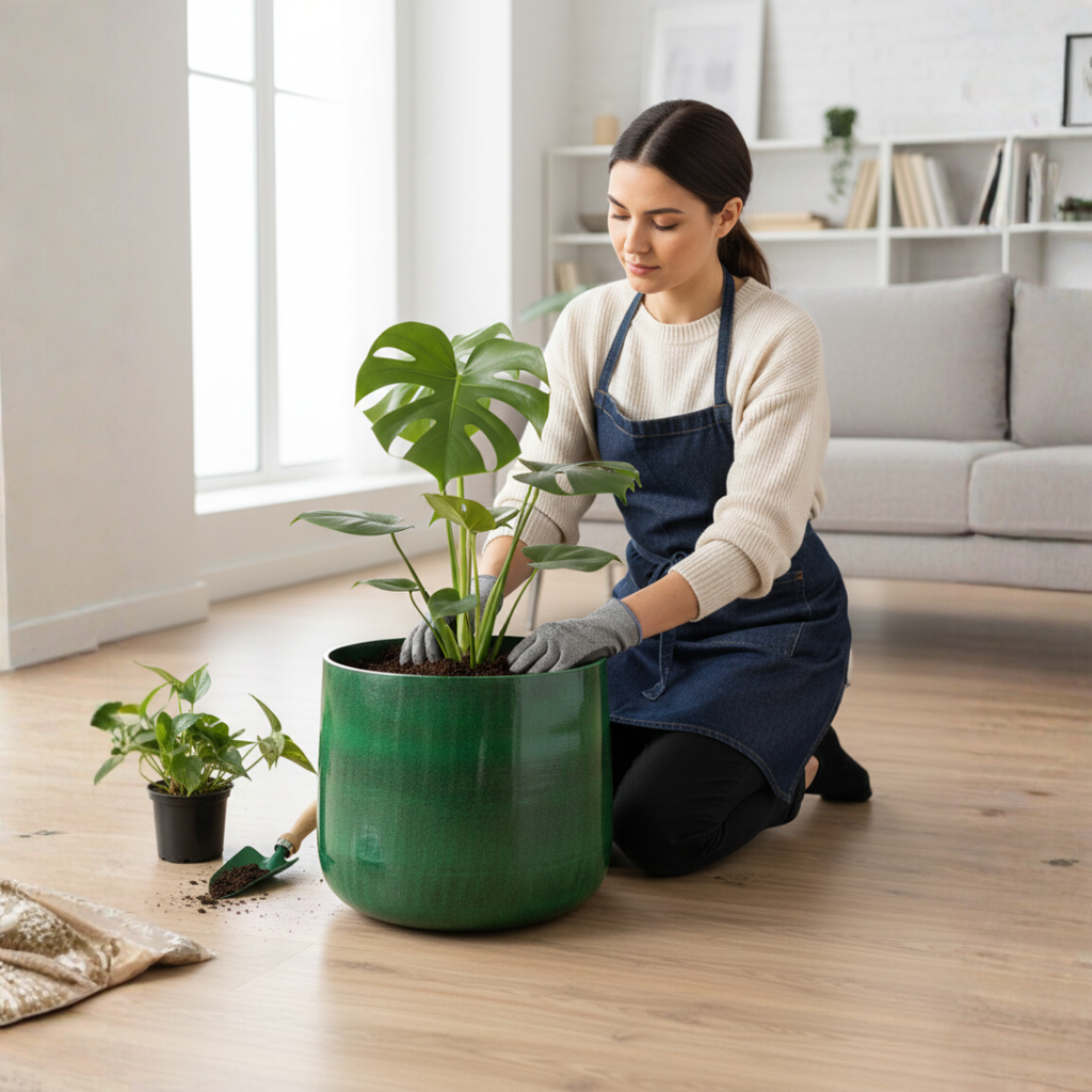 Industrial-Style Dark Green Metal Planter – Flower Pot