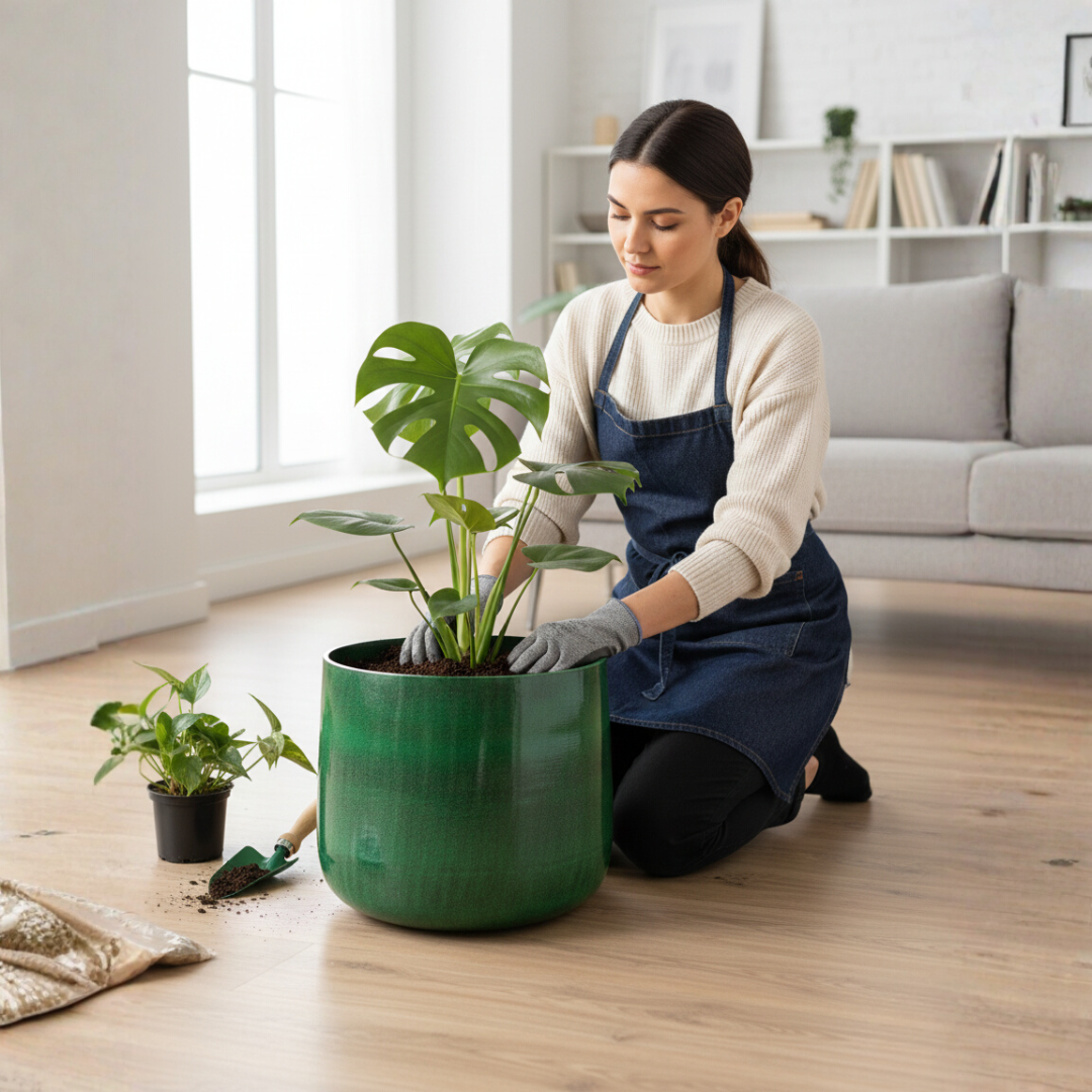 Industrial-Style Dark Green Metal Planter – Flower Pot