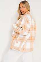 Oversized Checkered Shacket for Women – Beige Shirt Jacket for Layering, Casual Wear and Autumn Outfits