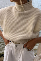 Sleeveless High Neck Knit Top for Women – Minimalist Fitted Top for Casual Wear, Work and Layered Outfits