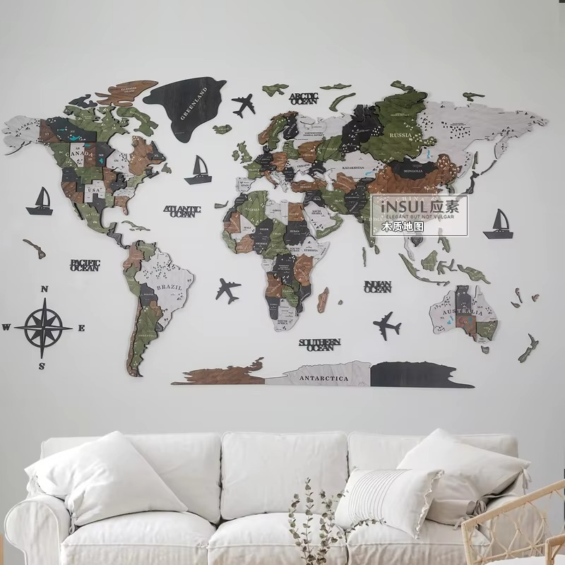 3D Wooden World Map Wall Art with Global Countries and Time Zones - Image 1