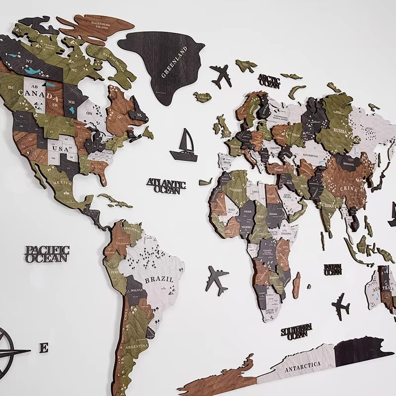 3D Wooden World Map Wall Art with Global Countries and Time Zones - Image 2