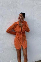 Ruched Slinky Button-Up Shirt Dress for Women – Fitted Mini Dress for Parties, Evening Wear and Trendy Outfits