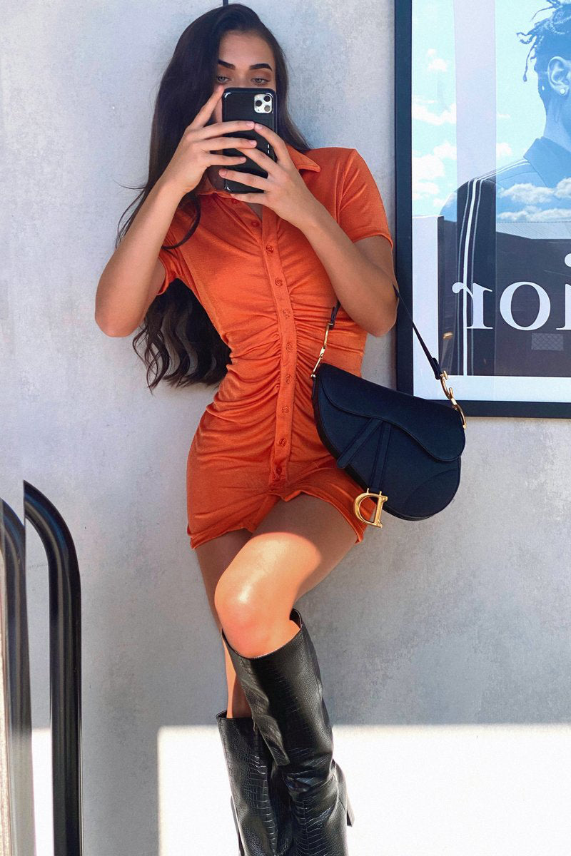 Ruched Slinky Short Sleeve Button-Up Dress for Women – Fitted Mini Dress for Casual Wear, Parties and Evening Looks