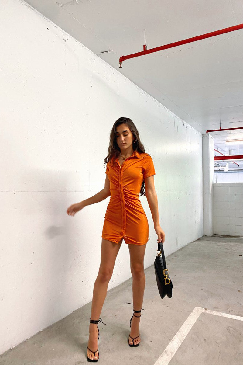 Ruched Slinky Short Sleeve Button-Up Dress for Women – Fitted Mini Dress for Casual Wear, Parties and Evening Looks