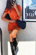 Ruched Slinky Short Sleeve Button-Up Dress for Women – Fitted Mini Dress for Casual Wear, Parties and Evening Looks