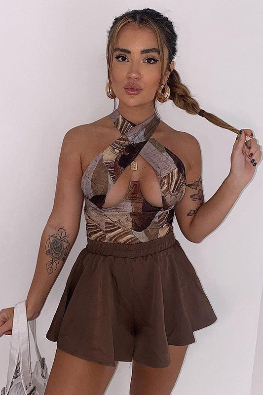 Abstract Print Halterneck Top with Cross-Over Underbust Design – Stylish Sleeveless Top for Women for Parties and Trendy Outfits