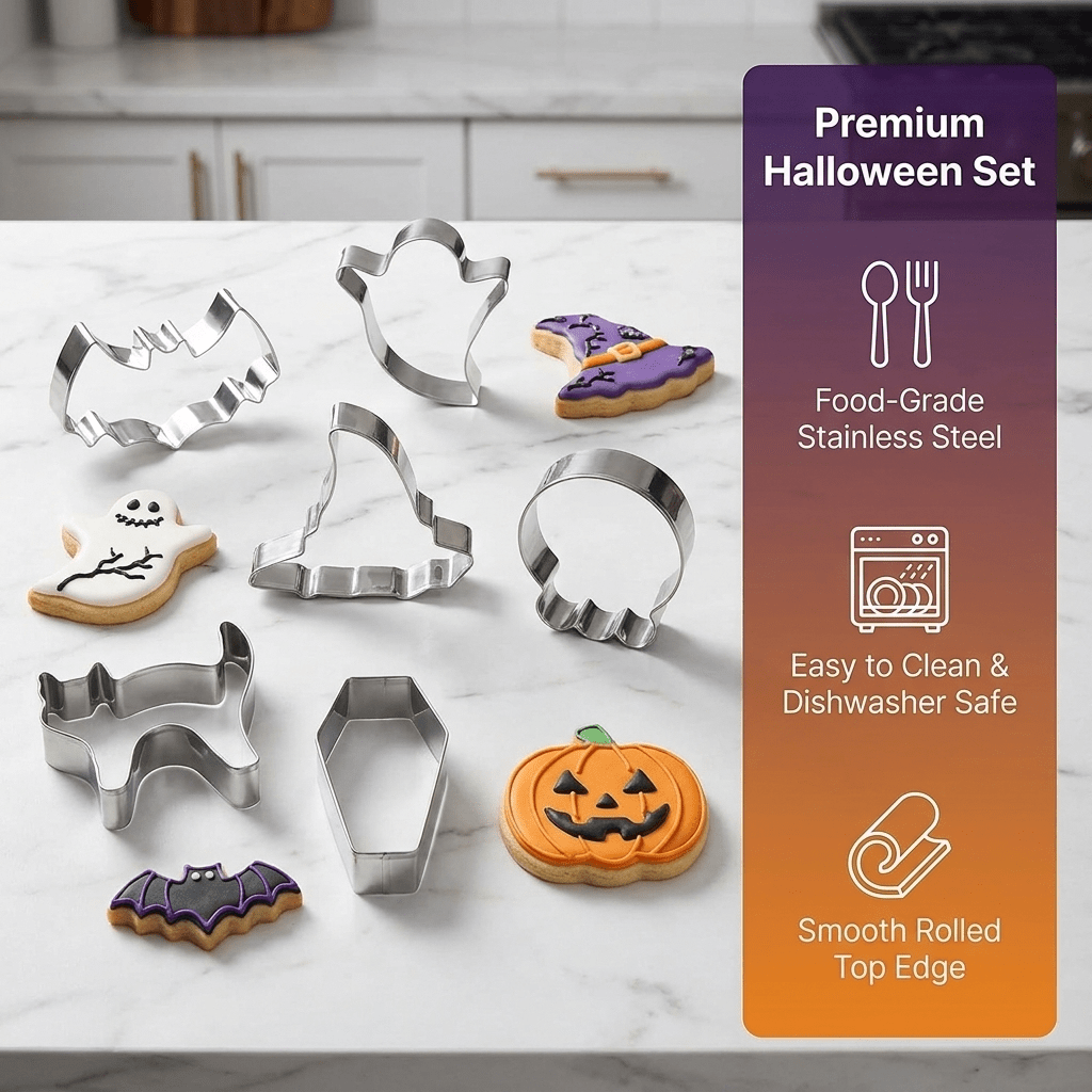 Halloween Stainless Steel Cookie Cutters Set with 7 Shapes Including Bat Ghost Pumpkin Skull