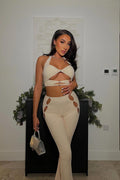 Cut-Out Crop Top and Leggings Set for Women – Fitted Two-Piece Outfit with Decorative Accents for Parties and Trendy Looks