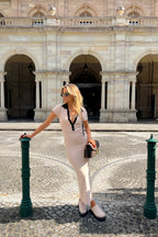 Ribbed Knit Midi Dress with Contrast Collar – Elegant Fitted Dress for Women for Work, Casual Wear and Smart Occasions