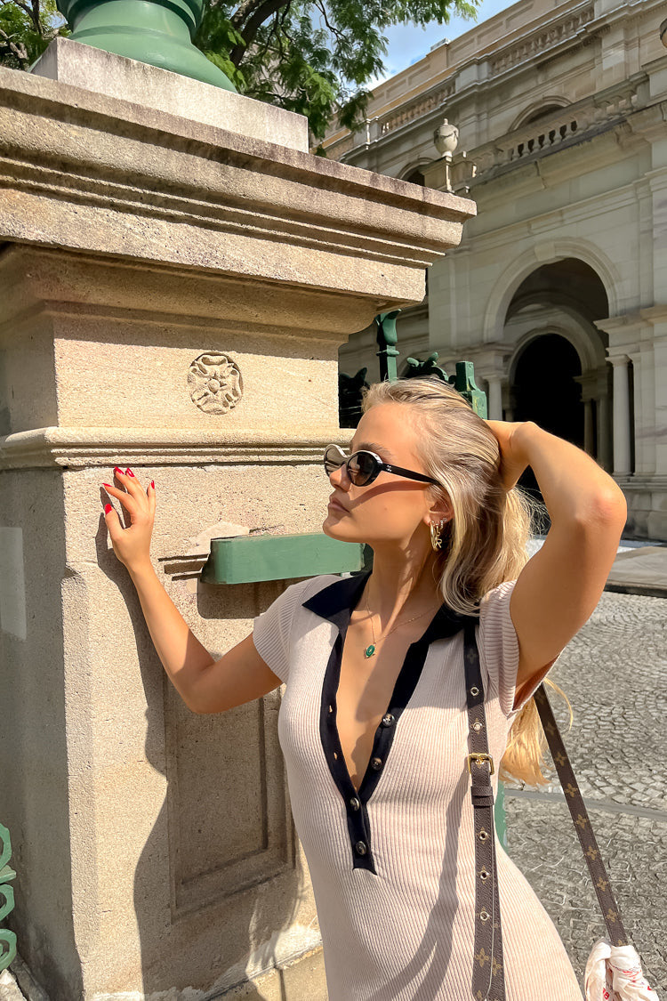 Ribbed Knit Midi Dress with Contrast Collar – Elegant Fitted Dress for Women for Work, Casual Wear and Smart Occasions