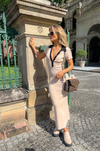 Ribbed Knit Midi Dress with Contrast Collar – Elegant Fitted Dress for Women for Work, Casual Wear and Smart Occasions