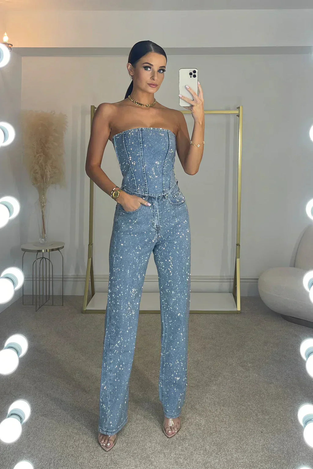 Sparkling Strapless Festive Jumpsuit Ensemble