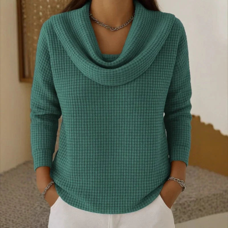 Karen – Cozy Waffle Knit Sweater Featuring a Stylish Cowl Neck